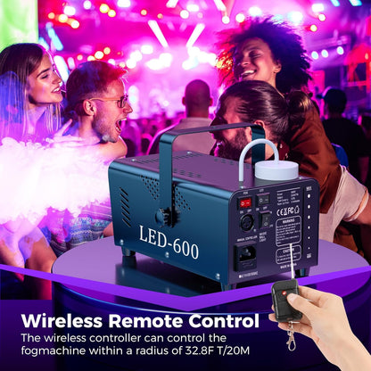 Fog Machine Smoke Machine, 18 LED Lights with 13 Colors, 600W and 2500CFM Fog, Wireless&Wired Remote control, Perfect for Wedding, Halloween, Party and Stage Effect (BLACK)
