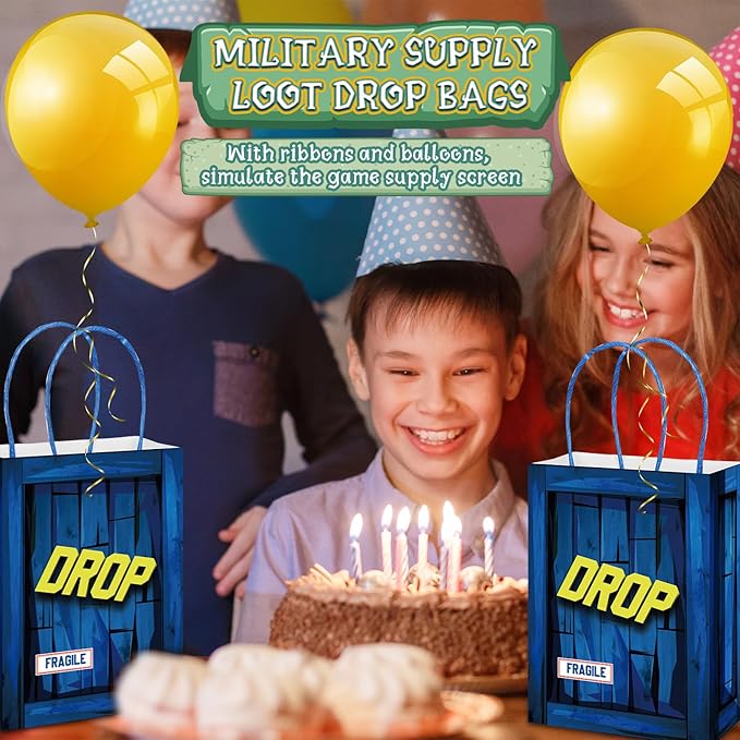 24 Set Game Party Military Supply Loot Drop Box Party Favors Yellow Balloon Ribbon Battle Gifts Bags for Gamers Boys Birthday Graduation Decoration