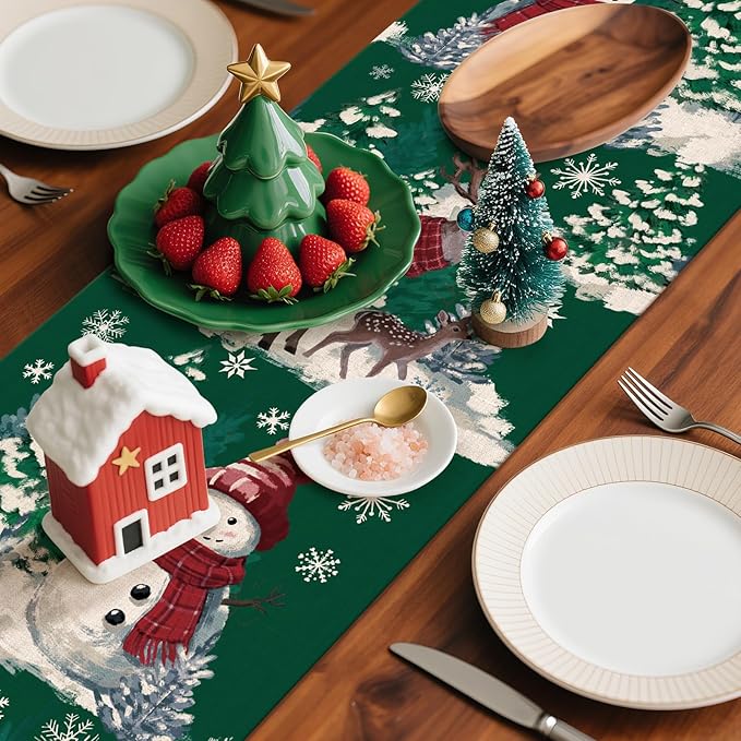 Artscope Reindeer Snowman Christmas Tree Table Runner, Xmas Winter Snowflakes Holiday Kitchen Dining Table Decoration for Christmas Home Party Decor 13x72 Inch-Green