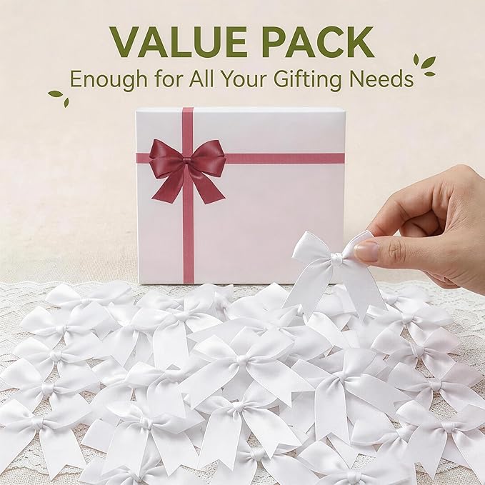 White Gift Wrap Bows – 100 Pcs 3.3 Inch Elegant Satin Bows for Wedding Decor, Graduation & Christening – DIY Crafts, Baby Shower, Christmas, Birthday, Party Decorations