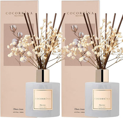 Cocorrína Reed Diffuser Set, 6.7 fl.oz Clean Linen 2 Packs Scented Diffuser with Sticks Home Fragrance Reed Diffuser for Bathroom Shelf Decor