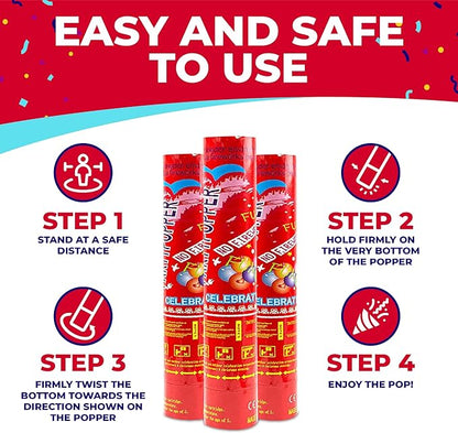 Toysery 12 Pack Confetti Cannons - Multicolor Compressed 12-inch Large Party Poppers for Birthdays, Weddings, Indoor or Outdoor Parties, Christmas Eve, and New Year Celebrations
