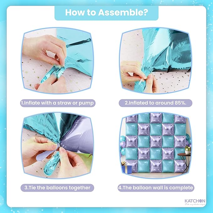 KatchOn Purple and Light Blue Square Foil Balloon Wall Backdrop – 19 Inches, Pack of 25 | Double-Sided Purple & Blue Balloons for Mermaid Birthday Decorations | Under the Sea Party Decorations