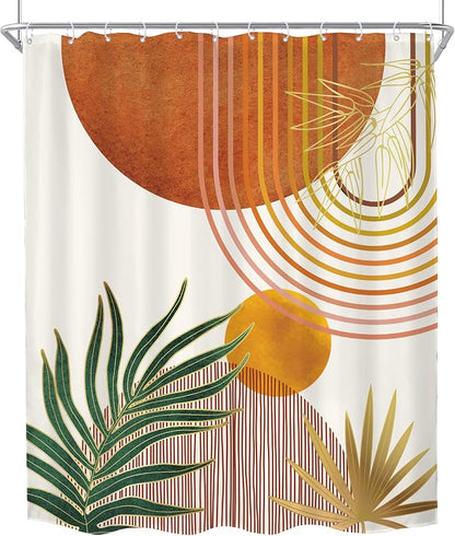 KOMLLEX Mid Century Orange Boho Shower Curtain for Bathroom Decor 72Wx84H Inches Abstract Retro Gold Minimalist Modern Arch Geometric Neutral Fabric Waterproof Polyester 12 Pack Hooks Pack Hooks