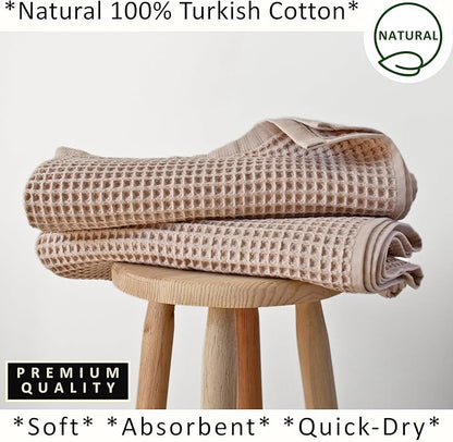 PÜSKÜL Natural 100% Turkish Cotton Waffle Bath Towels Set of 2-Piece | 32x63 inch Extra Large Absorbent Quick-Dry Lightweight Spa Towel | Luxury Sauna Accessories (Beige Bath Towels - Pack of 2)