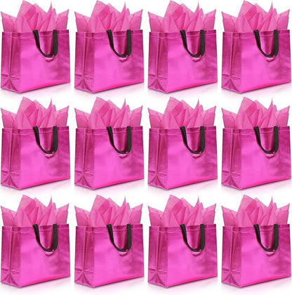 KeerxunBag 12Pcs Reusable Gift Bags（Includes Tissue Paper） Gift bag with handle Birthdays Parties Holidays Weddings Medium 13x5x11in Magenta gift Bags