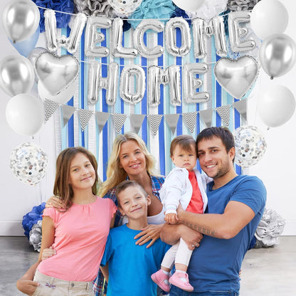 Welcome Home Decorations Silver,Welcome Home Foil Balloon Banner with Confetti Balloons,Silver Heart Balloons Pennant Flag Bunting for Housewarming Baby Shower Home Family Party Supplies
