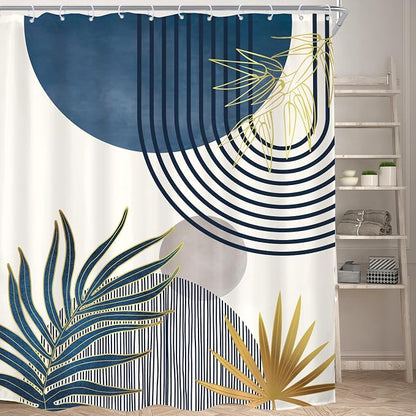KOMLLEX Mid Century Boho Shower Curtain for Bathroom Decor 72Wx84H Inches Extra Long Navy Blue Gray Abstract Modern Sun Minimalist Leaves Neutral Fabric Waterproof Polyester 12 Pack Hooks Pack Hooks