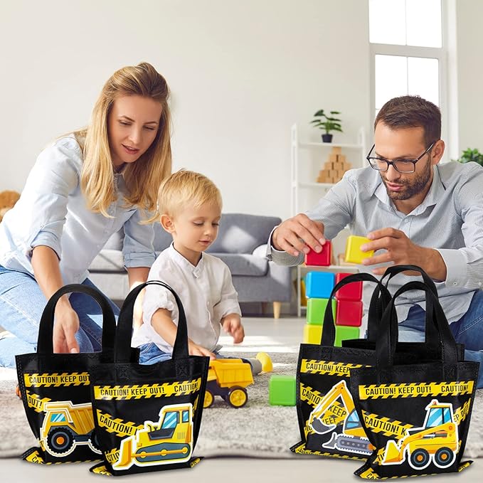 Photect 24 Pcs Construction Party Favors Construction Theme Gift Bags Dump Truck Non Woven Mini Tote with Handles Excavator Tractor Candy Goodie Treat Package for Birthday Party Decorations Supplies