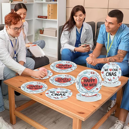 CHUNNIN 96Pcs Happy CNA Week Plates and Napkins Nurse Appreciation Week Party Decorations We Love Our CNAS Dessert Plates Nurse Tableware for 24 Guests CNA Appreciation Week Party Supplies