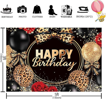 Homewelle Leopard Print Bow Happy Birthday Backdrop 5Wx3H Feet Polyester Fabric Black Gold Red Rose Cheetah Print Bownot Cool Decoration Balloon for Women Girl Photography Background Photo Shoot Props