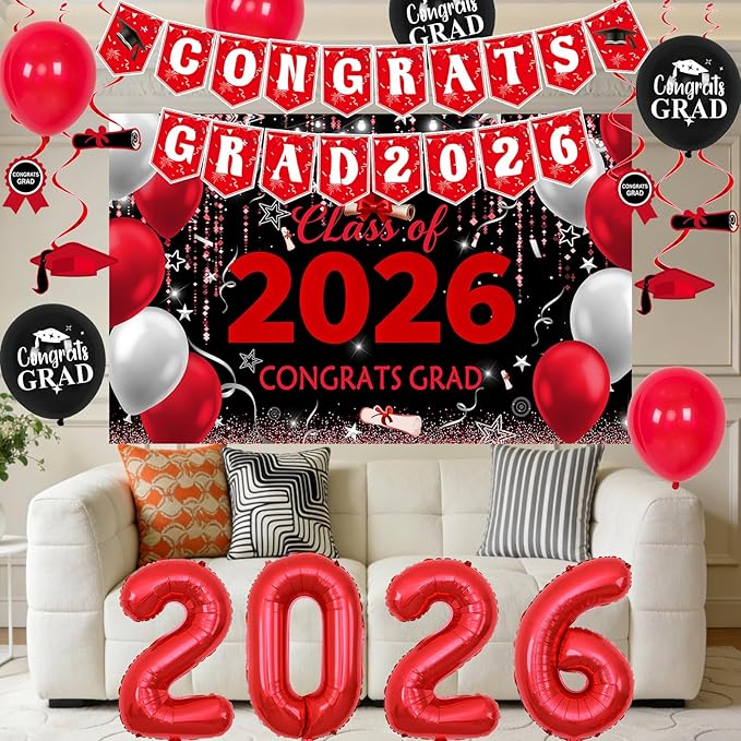 Red and Black Graduation Decorations 2026, Graduation Party Decorations Class of 2026 Backdrop, Congrats Grad Banner Red and Black Streamers Balloons Foil 2026 Balloons College High School Master Phd