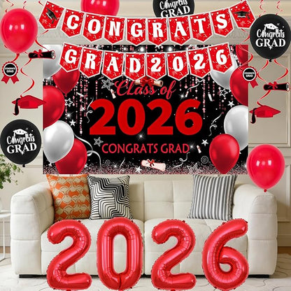 Red and Black Graduation Decorations 2026, Graduation Party Decorations Class of 2026 Backdrop, Congrats Grad Banner Red and Black Streamers Balloons Foil 2026 Balloons College High School Master Phd
