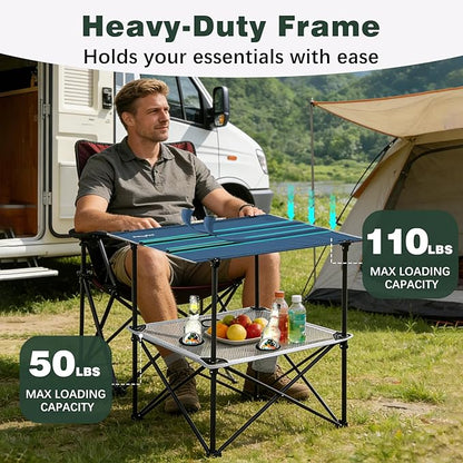 SUNNYFEEL Folding Camping Table- Collapsible Portable Beach Table with 4 Cup Holders & Carry Bags, Tailgate Table for Outdoor Excursion Picnic Hiking Fishing Travel Parties, Blue