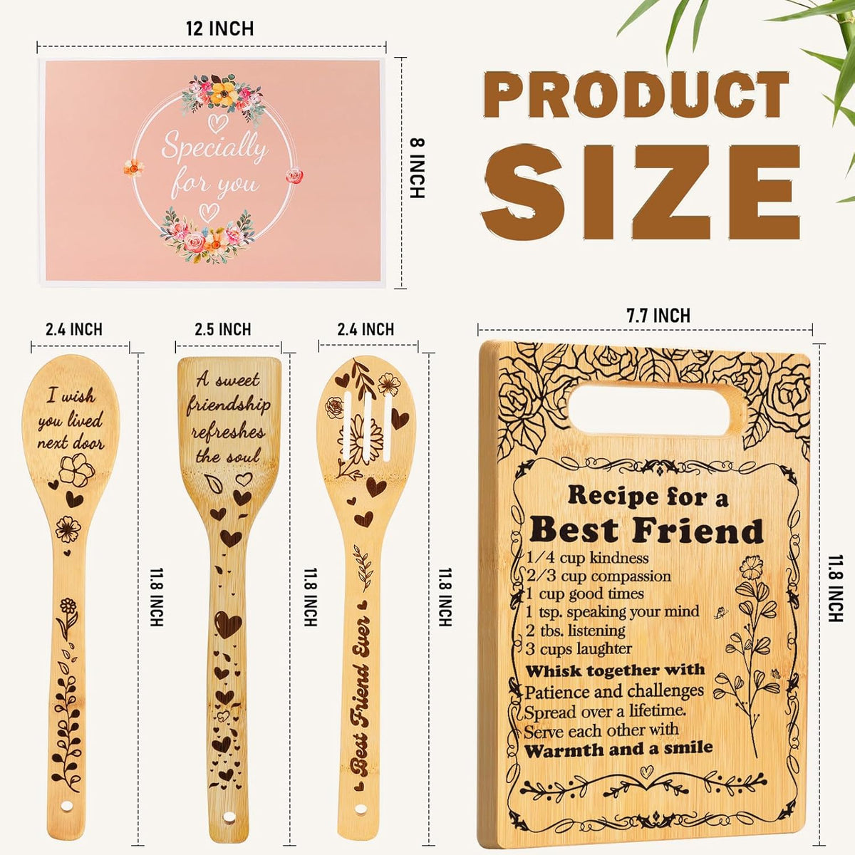Best Friend Birthday Gifts Cutting Board Set, "Recipe for a Best Friend" Friendship Gifts for Woman Engraved Utensil Friends Gifts for Women Bff Bestie Soul Sister Birthday Mothers Day