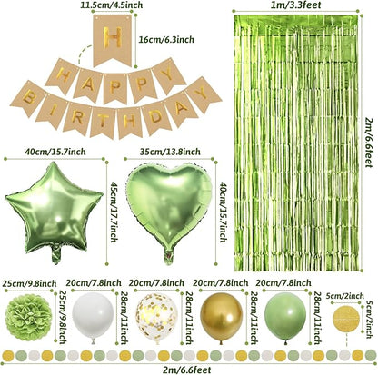 ZERODECO Sage Green Birthday Party Decorations, Olive Green Gold Pompoms Balloons Happy Birthday Banner Neutral Rustic Boho Blush Safari Botanical Greenery Décor for Baby Girls Women Party