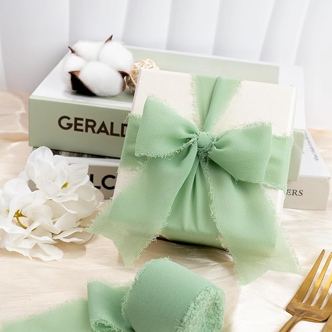 Chiffon Ribbon, Sage Green Silk 1.5''x21Yd Handmade Frayed Fringe Ribbons for Wrapping, DIY Bows, Invitations, Bridal Bouquets, Crafts, Birthday, Wedding, Engagement, Party Decoration, 3 Rolls