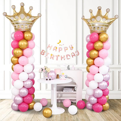Princess Pink and White Gold Balloon Column Stand Kit Set of 2 for Floor Princess Birthday Party Balloon Arch Kit with 125PCS Hot Pink White Gold Balloon Towers for Girl Birthday Party Decorations