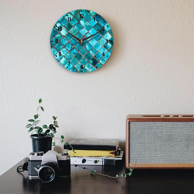 SPUNKER Clocks for Living Room,Turquoise Geometric Kitchen Wall Clock,Teal Mosaic Clocks 10 Inch Silent Non-Ticking Wall Battery Operated for Living Room Bedroom Bathroom Laundry Room Decor