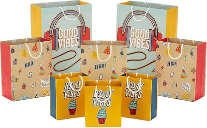 Hallmark Gift Bag Assortment (8 Bags: 3 Small 6", 3 Medium 9", 2 Large 13") Kids Birthday, Good Vibes, Retro Icons