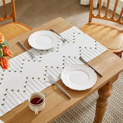 Wracra Boho Table Runner, Natural Cotton Woven Macrame Table Runners 36 Inches Long for Modern Farmhouse Woven Home Decor, 14x36 Inch, Green