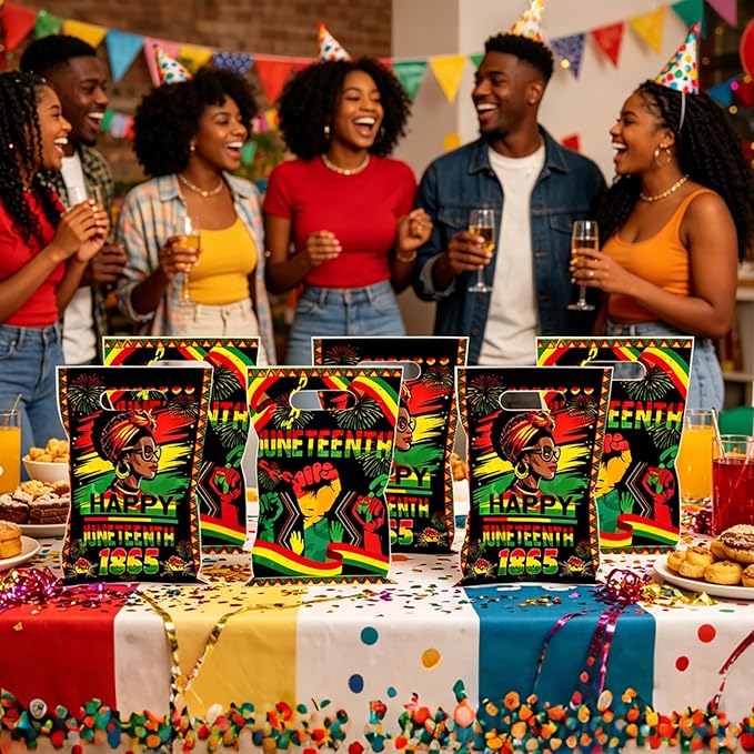 MOIZYNG 50Pcs Juneteenth Bags with Handles, Happy Juneteenth Plastic Candy Treat Goodie Gift Bags for African American June 19th Black Freedom Day Party Favors Supplies