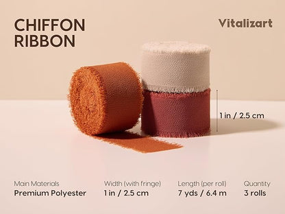 Vitalizart Terracotta & Orange Chiffon Silk Ribbon 1" x 21 Yd Fringe Fabric Package (3 Rolls * 7 Yd) for Wedding Invitations Bridal Bouquets Decorations Gifts Wrapping & Bow Making