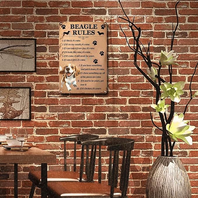 Metal Sign Tin Sign Vintage Wall Art Beagle Rules Gardening Decor Gift for Restaurant 6×8 Inches