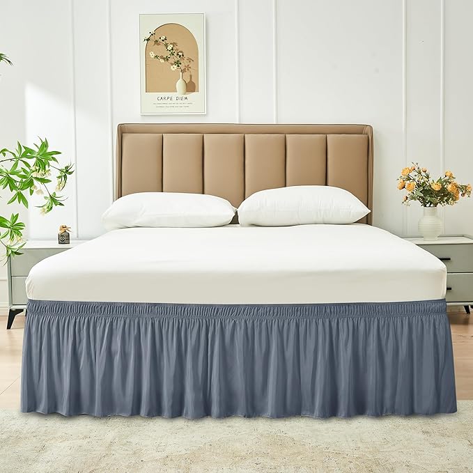 Biscaynebay Wrap Around Bed Skirts for Queen Beds 15" Drop, Dark Grey Flora Home Elastic Dust Ruffles Easy Fit Wrinkle & Fade Resistant Silky Luxurious Fabric Machine Washable