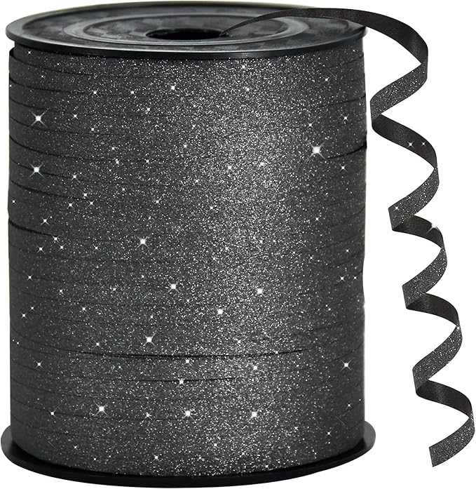 BEISHIDA Glitter Ribbon - 500 Yards Black, Curling, Crimped for Gift Wrapping, Balloons, Art, Craft, Decor, Florist, Flowers