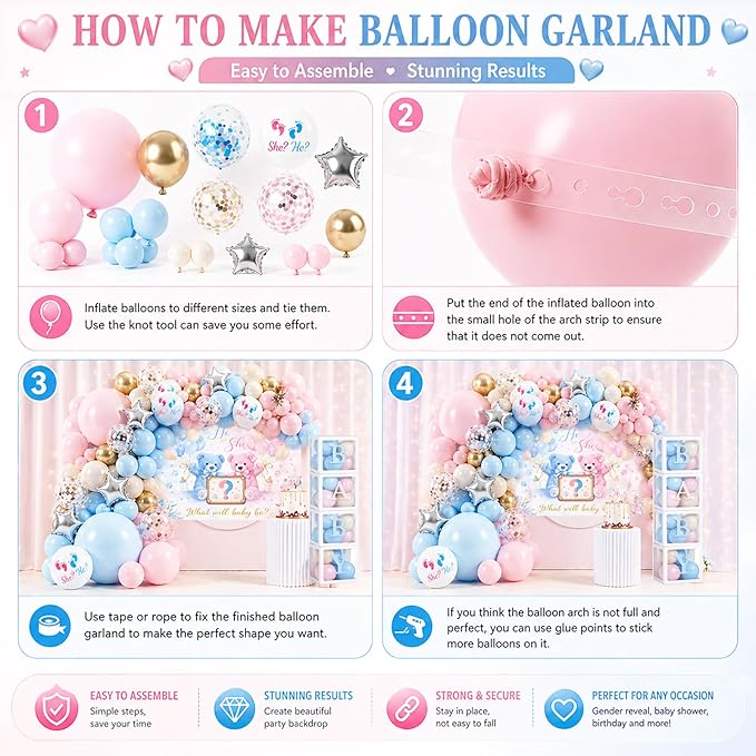 Baby Gender Reveal Decorations Kit, Bear Theme Balloon Garland with Backdrop, 136 PCS He or She Gender Reveal Party Supplies With 4Pcs Baby Boxes for Pink and Blue Baby Shower