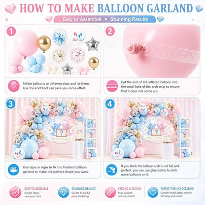 Baby Gender Reveal Decorations Kit, Bear Theme Balloon Garland with Backdrop, 136 PCS He or She Gender Reveal Party Supplies With 4Pcs Baby Boxes for Pink and Blue Baby Shower