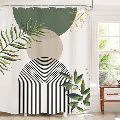 Boho Green Shower Curtain, Sage Bohemian Mid Century Modern 60Wx72H Bathroom Curtain, Abstract Gold Leaves Plant Olive Grey Minimalist Bathroom Decor Bath Curtain Polyester 12 Pack Hooks