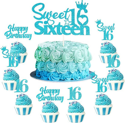 25 Pack 16th Birthday Cake Decorations, Sweet 16 Sixteen Cake Topper, Happy Birthday Sweet 16 Cupcake Toppers Teal Turquoise Blue for Boys Girls Happy 16th Birthday Party Supplies