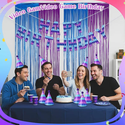 AmazingSpark 25 Pcs Video Game Birthday Party Decorations Set 24 Happy Birthday Hats with Pompoms 1 Banner for Blue and Purple Pixel Gaming Party Decorations