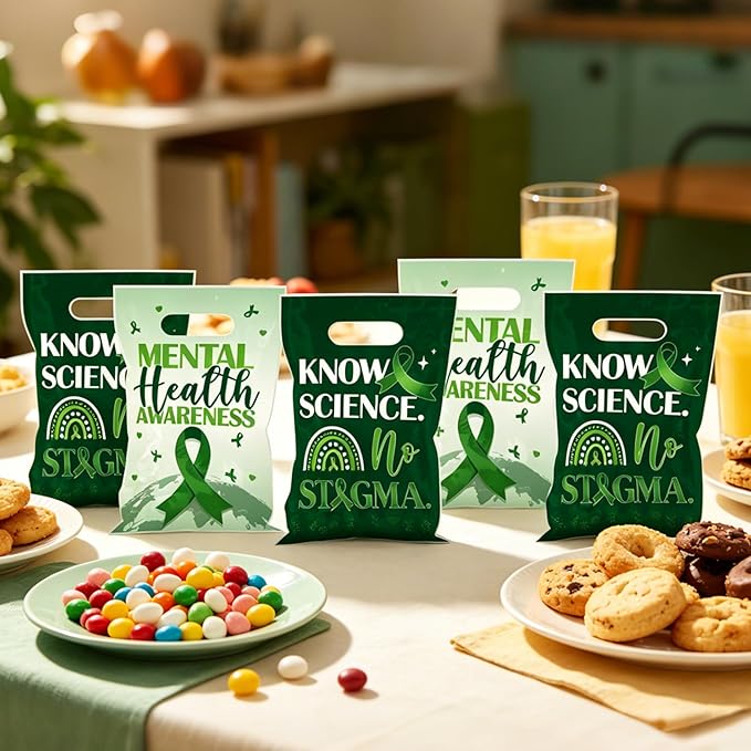 MOIZYNG 50Pcs Mental Health Awareness Gift Bags with Handles, Know Science No Stigma Mental Health Plastic Candy Treat Goodie Bags for Counselor Office Classroom Party Favors