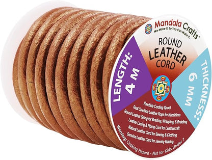 Mandala Crafts Round Genuine Bronze Leather Cord for Jewelry Making – 6mm Cowhide Leather Rope String Lace for Kumihimo – 4.4 Yards Cowhide Craft Cording Spool
