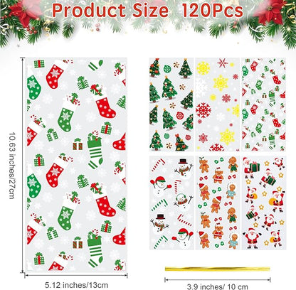 Aegero 120 Pcs Christmas Cellophane Treat Bags, Xmas Gift Candy Goodies Bags with 140 Pcs Twists for Xmas Party Favor Supplies,Kids Party Favors,Snacks Cookies Packing(10.63 x 5.12 inches,Christmas01)