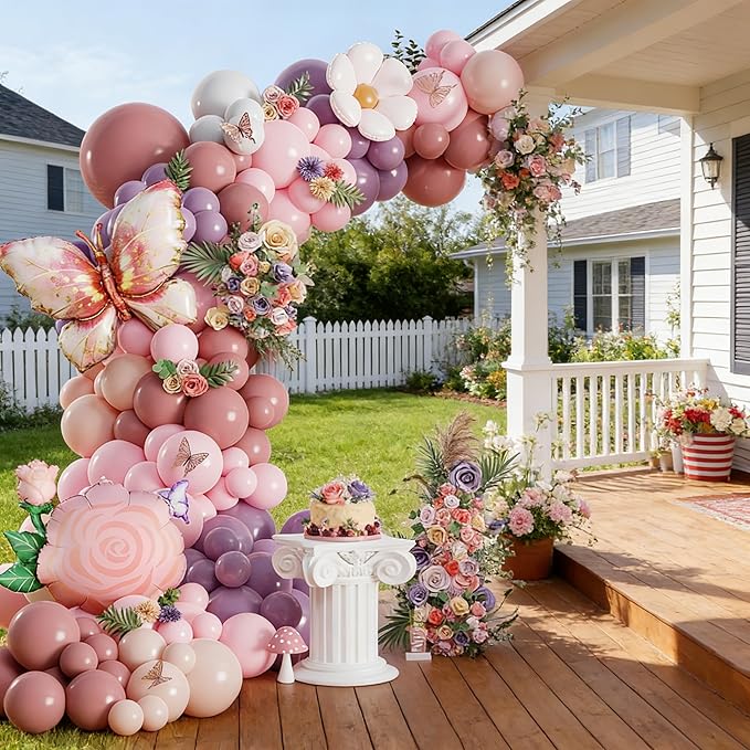 Spring Butterfly Birthday Party Decorations, 154Pcs Daisy Flower Pink Purple Balloons Arch Garland Kit with Butterfly Foil Balloons for Baby Shower Garden Tea Party Wedding Supplies