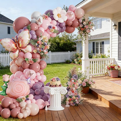 Spring Butterfly Birthday Party Decorations, 154Pcs Daisy Flower Pink Purple Balloons Arch Garland Kit with Butterfly Foil Balloons for Baby Shower Garden Tea Party Wedding Supplies