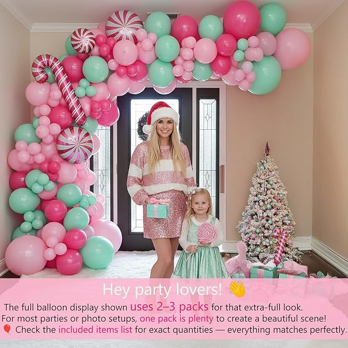 Christmas Balloon Garland Arch kit light magenta green pink balloon with Gingerbread Balloon Cane Candy Foil Balloons for Christmas Party Decorations Xmas New Year Birthday Party Supplies