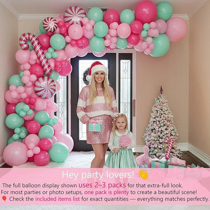 Christmas Balloon Garland Arch kit light magenta green pink balloon with Gingerbread Balloon Cane Candy Foil Balloons for Christmas Party Decorations Xmas New Year Birthday Party Supplies