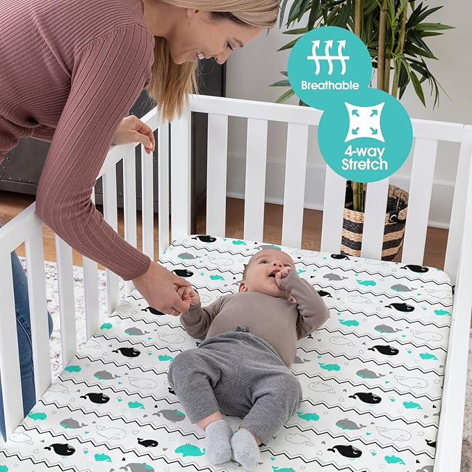 BROLEX Baby Fitted Crib Sheets: Kid Crib Sheets - Set of 2 for Toddler Standard Size Crib Mattress for Boys and Girls - Jersey Knit Crib Bed Sheets Elephant Whale