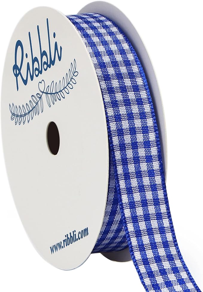 Ribbli Electric Blue and White Gingham Ribbon,100% Polyester Woven Edge,5/8 Inch x 10 Yard,Plaid Ribbon Use for Gift Wrapping,Floral Design,Hair Bows