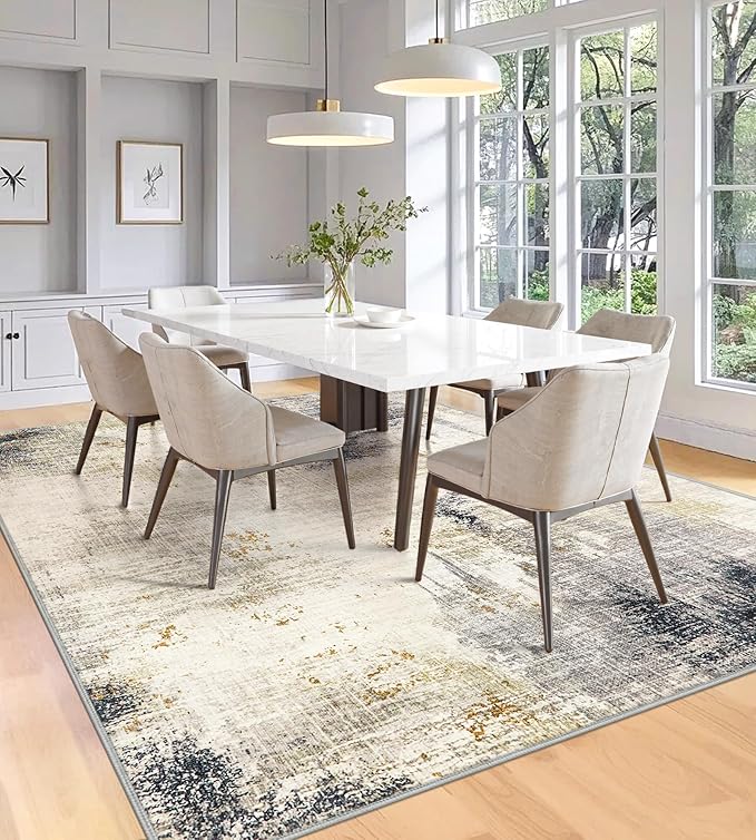10x14 Washable Area Rugs - Modern Abstract Large Rugs for Living Room Non-Slip Low Pile Soft Machine Washable Carpet for Bedroom, Under Dining Table, Nursery, Farmhouse (10'x14' Beige Tan)