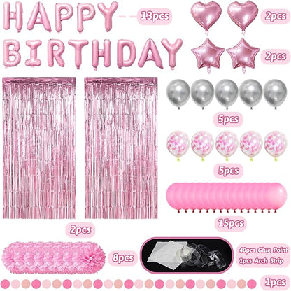 ZERODECO Pink Birthday Party Decorations, Happy Birthday Banner Pompoms Balloons Pink Fringe Curtain Party Décor for Baby Girls Women Party