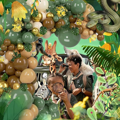 PERPAOL 140 pcs Jungle Safari Balloon Garland Kit, Sage Green Brown Safari Wild One Balloon Arch with Animal Print Balloons Palm Leaves for Wedding Woodland Tropical Birthday Shower Decorations