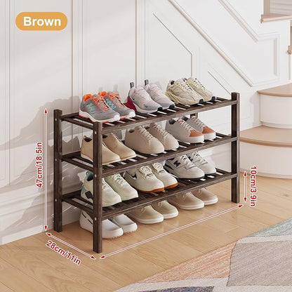 Bamboo Shoe Rack Organizer for Closet and Entryway - Space-Saving Narrow Shoe Stand - Versatile Shoe Holder for Door or Closet Shelf,Garage Bedroom can Freely Stack DIY Small Shoe Racks 3 Tier Brown