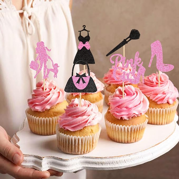 Ercadio 24Pcs Shopping Cupcake Toppers Pink Girl Cupcake Picks Handbag High Heels Dress Food Picks for Fashion Girl Women Birthday Bridal Bachelorette Shopping Party Decorations Supplies