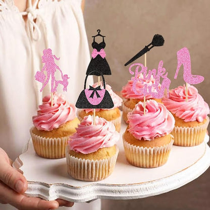 Ercadio 24Pcs Shopping Cupcake Toppers Pink Girl Cupcake Picks Handbag High Heels Dress Food Picks for Fashion Girl Women Birthday Bridal Bachelorette Shopping Party Decorations Supplies
